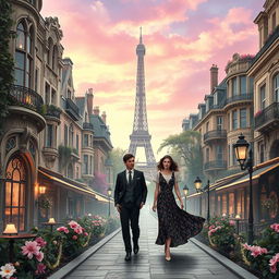 A dreamy, fantasy-inspired scene of Paris during the Art Nouveau period, featuring elegant buildings with intricate floral designs, curvilinear shapes, and ornate details