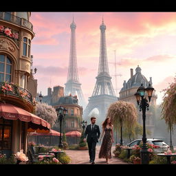 A dreamy, fantasy-inspired scene of Paris during the Art Nouveau period, featuring elegant buildings with intricate floral designs, curvilinear shapes, and ornate details
