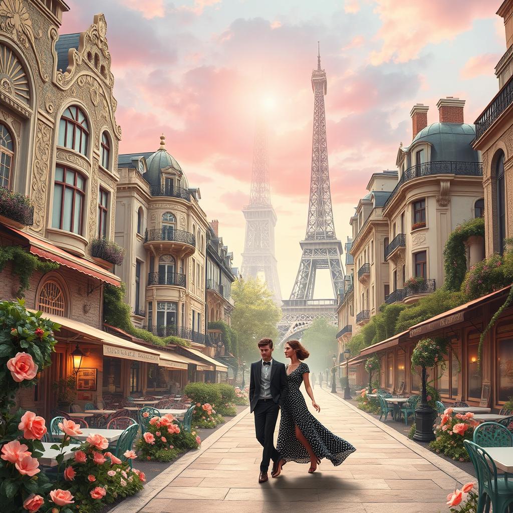 A dreamy, fantasy-inspired scene of Paris during the Art Nouveau period, featuring elegant buildings with intricate floral designs, curvilinear shapes, and ornate details