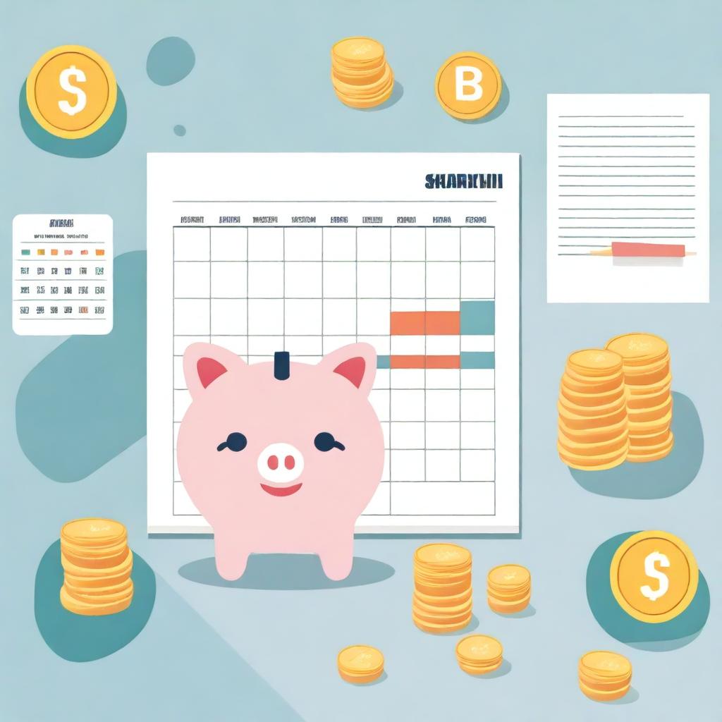 A visual depiction of a series of financial tips for a month, symbolized by calendars, coins, piggy banks, and charts.