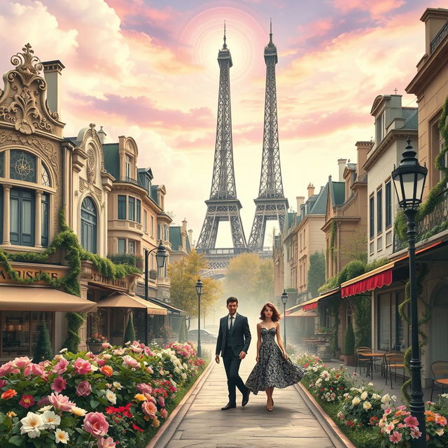 A dreamy, fantasy-inspired scene of Paris during the Art Nouveau period, featuring elegant buildings with intricate floral designs, curvilinear shapes, and ornate details