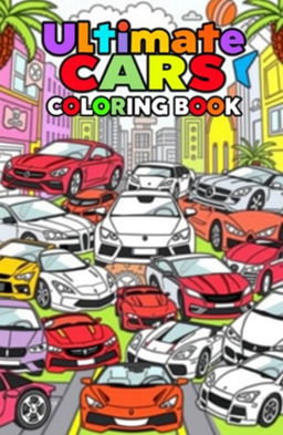 A vibrant and eye-catching coloring book cover featuring a dynamic composition of various cars including BMW, Mercedes, Ferrari, Lamborghini, Toyota, Chevrolet, Honda, Nissan, and Audi