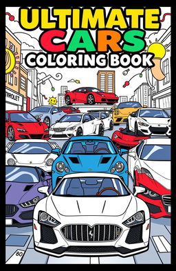 A vibrant and eye-catching coloring book cover featuring a dynamic composition of various cars including BMW, Mercedes, Ferrari, Lamborghini, Toyota, Chevrolet, Honda, Nissan, and Audi