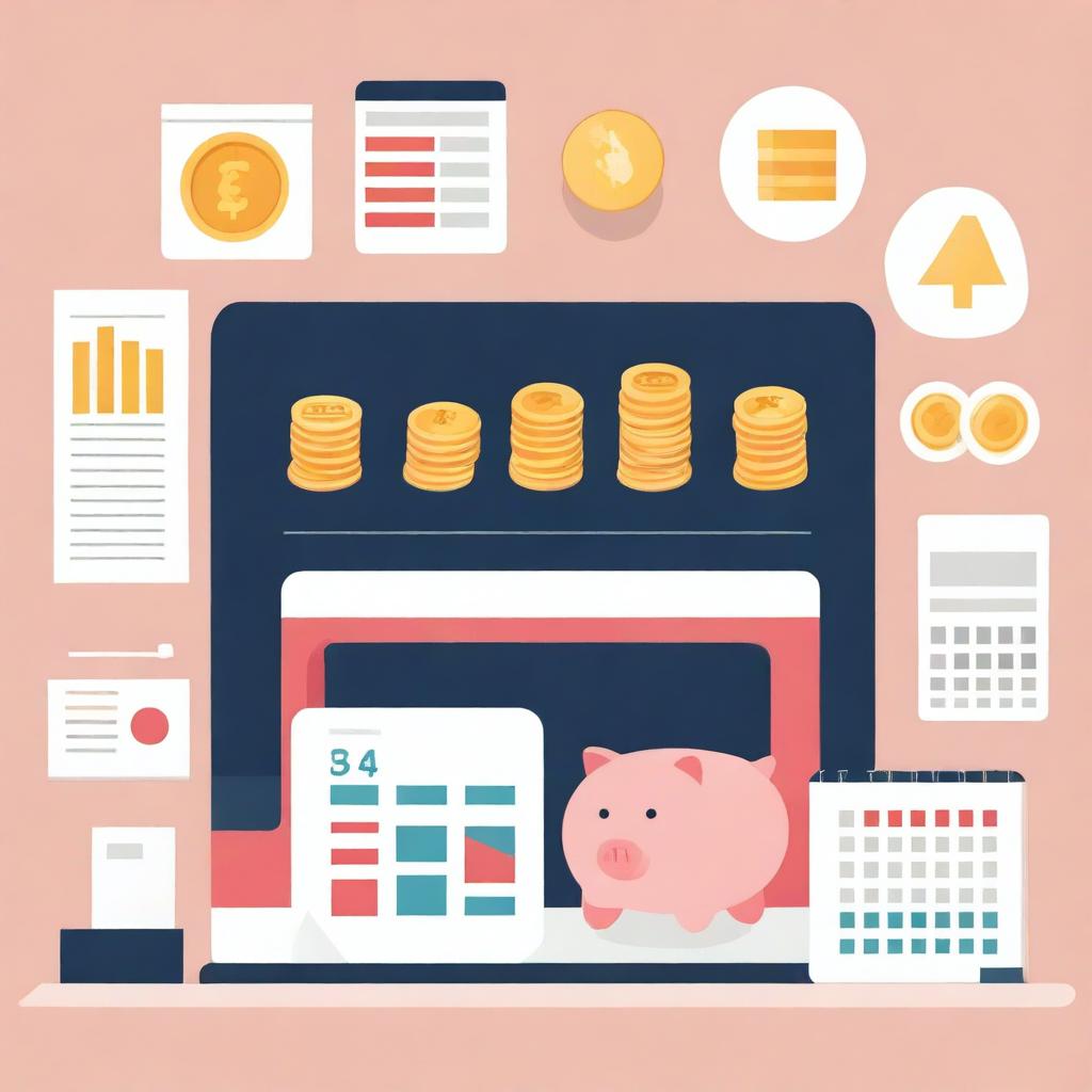 A visual depiction of a series of financial tips for a month, symbolized by calendars, coins, piggy banks, and charts.