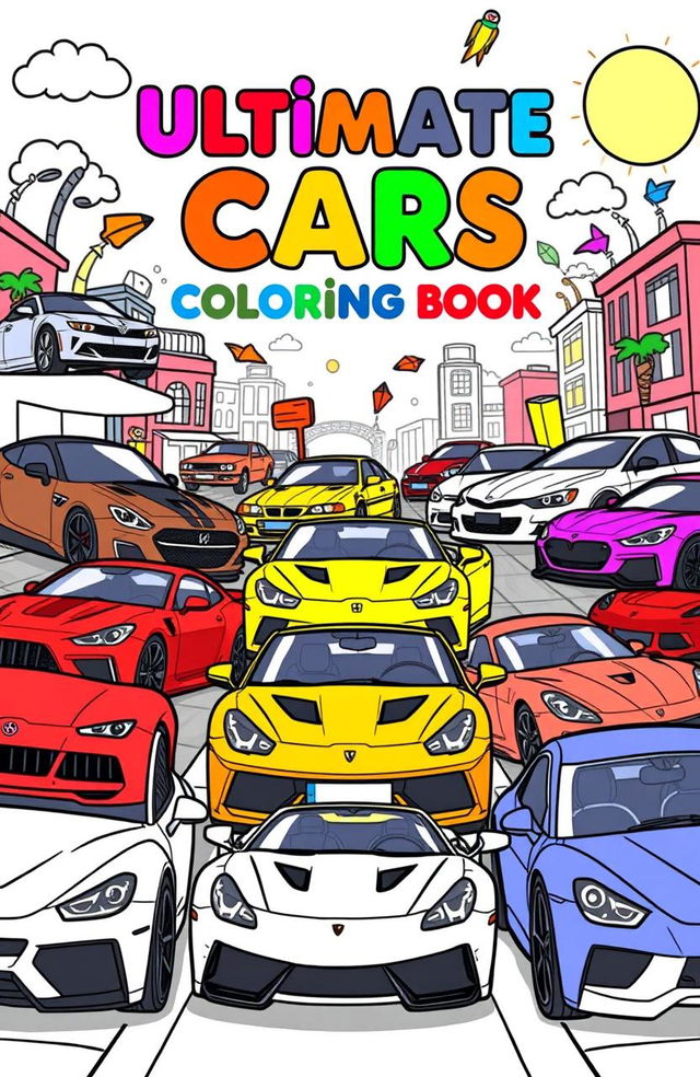 A vibrant and eye-catching coloring book cover featuring a dynamic composition of various cars including BMW, Mercedes, Ferrari, Lamborghini, Toyota, Chevrolet, Honda, Nissan, and Audi