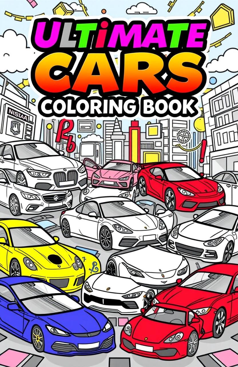 A vibrant and eye-catching coloring book cover featuring a dynamic composition of various cars including BMW, Mercedes, Ferrari, Lamborghini, Toyota, Chevrolet, Honda, Nissan, and Audi