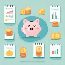 A visual depiction of a series of financial tips for a month, symbolized by calendars, coins, piggy banks, and charts.