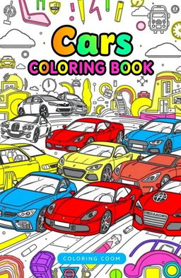A vibrant and exciting coloring book cover featuring a diverse selection of iconic cars including a BMW, Mercedes, Ferrari, Lamborghini, Toyota, Chevrolet, Honda, Nissan, and Audi