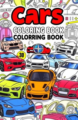 A vibrant and exciting coloring book cover featuring a diverse selection of iconic cars including a BMW, Mercedes, Ferrari, Lamborghini, Toyota, Chevrolet, Honda, Nissan, and Audi