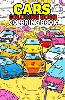 A vibrant and exciting coloring book cover featuring a diverse selection of iconic cars including a BMW, Mercedes, Ferrari, Lamborghini, Toyota, Chevrolet, Honda, Nissan, and Audi