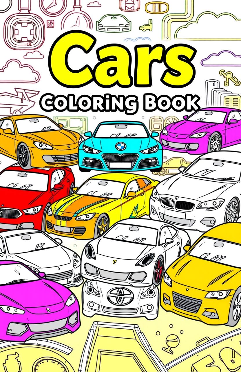 A vibrant and exciting coloring book cover featuring a diverse selection of iconic cars including a BMW, Mercedes, Ferrari, Lamborghini, Toyota, Chevrolet, Honda, Nissan, and Audi