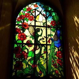A stunning stained glass window in the Art Nouveau style, featuring intricate floral patterns and curvilinear designs that flow gracefully