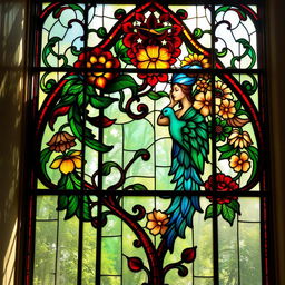 A stunning stained glass window in the Art Nouveau style, featuring intricate floral patterns and curvilinear designs that flow gracefully