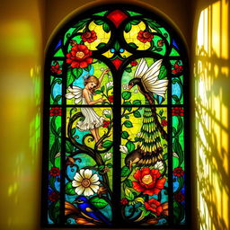 A stunning stained glass window in the Art Nouveau style, featuring intricate floral patterns and curvilinear designs that flow gracefully