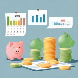 A visual depiction of a series of financial tips for a month, symbolized by calendars, coins, piggy banks, and charts.