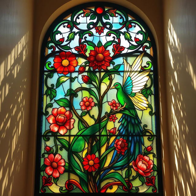 A stunning stained glass window in the Art Nouveau style, featuring intricate floral patterns and curvilinear designs that flow gracefully