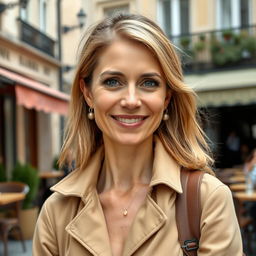 A full-length photograph of a woman aged between 30 to 45 with a natural appearance, minimal makeup, and well-cared-for hair