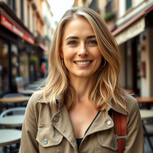 A full-length photograph of a woman aged between 30 to 45 with a natural appearance, minimal makeup, and well-cared-for hair