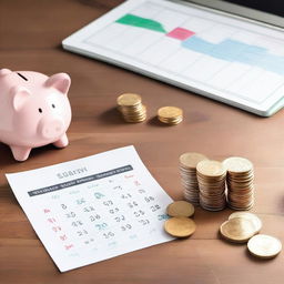 A vivid image showcasing strategies for saving money over the course of a month, including stacks of coins, a piggy bank, and a calendar with marked dates