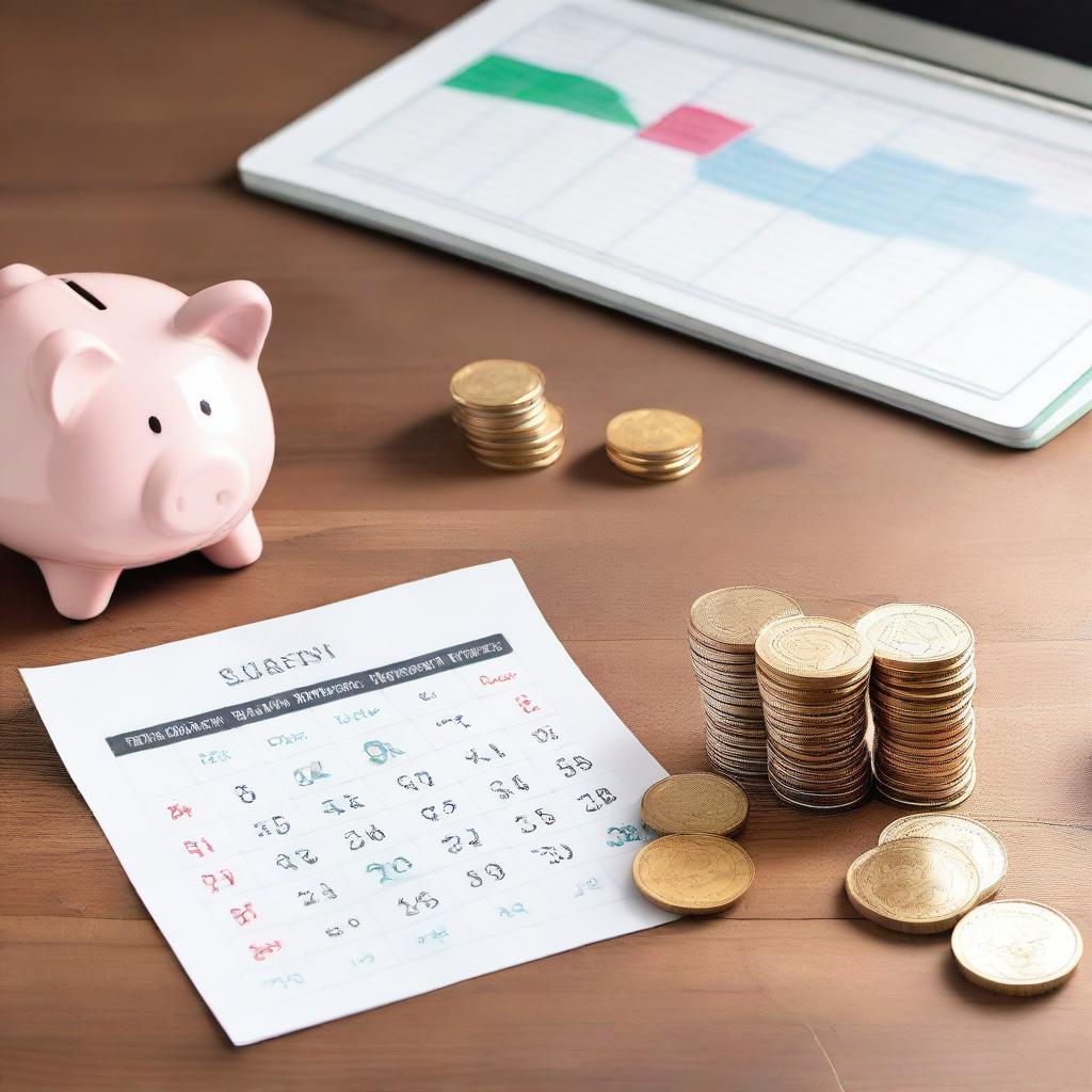 A vivid image showcasing strategies for saving money over the course of a month, including stacks of coins, a piggy bank, and a calendar with marked dates