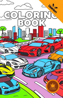 A vibrant and engaging coloring book cover featuring a variety of cars in different shapes and styles, including sports cars, vintage models, and futuristic designs