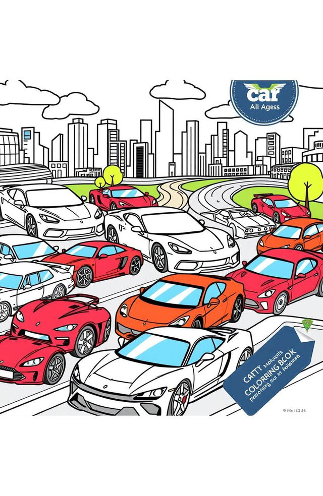 A vibrant and engaging coloring book cover featuring a variety of cars in different shapes and styles, including sports cars, vintage models, and futuristic designs