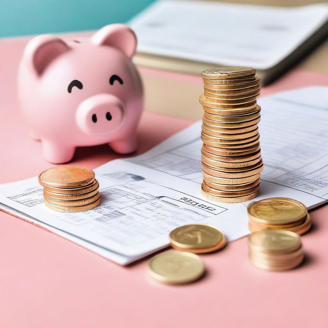 A vivid image showcasing strategies for saving money over the course of a month, including stacks of coins, a piggy bank, and a calendar with marked dates