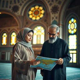 A serene scene inside a beautifully decorated mosque, showcasing a confident woman in traditional attire engaging in conversation with a wise-looking man