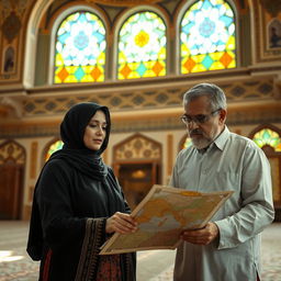 A serene scene inside a beautifully decorated mosque, showcasing a confident woman in traditional attire engaging in conversation with a wise-looking man