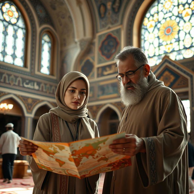 A serene scene inside a beautifully decorated mosque, showcasing a confident woman in traditional attire engaging in conversation with a wise-looking man