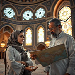 A serene scene inside a beautifully decorated mosque, showcasing a confident woman in traditional attire engaging in conversation with a wise-looking man