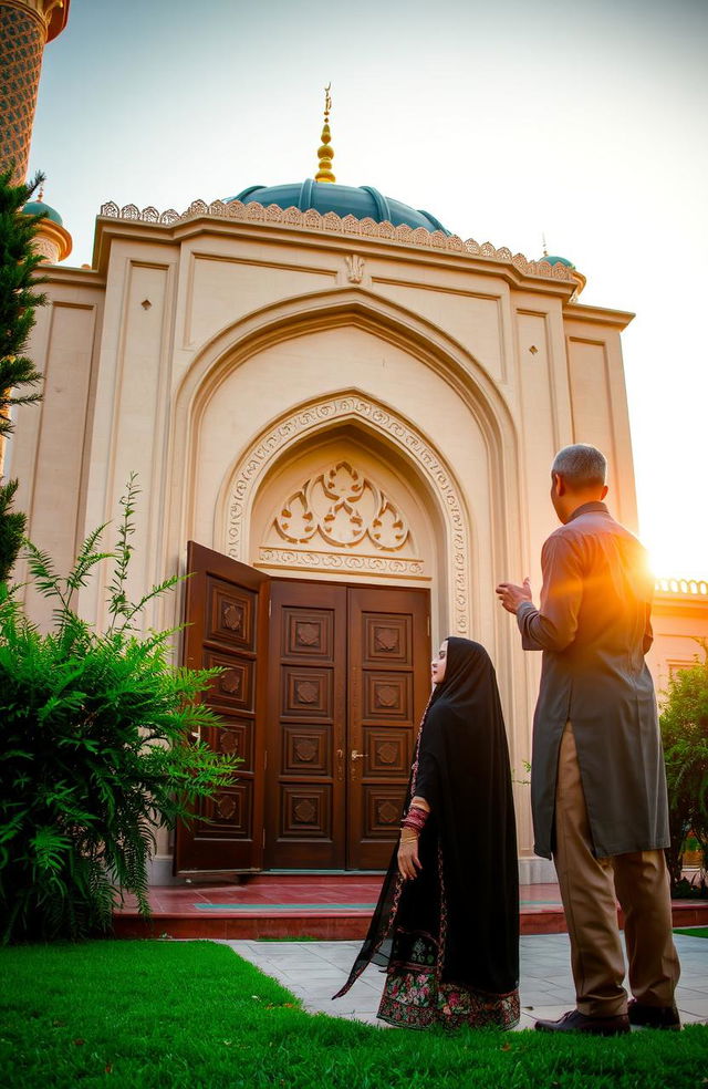 A contemplative scene featuring a woman in traditional attire standing outside a beautiful mosque, adorned with intricate architectural details