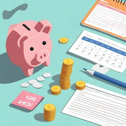 A vivid image showcasing strategies for saving money over the course of a month, including stacks of coins, a piggy bank, and a calendar with marked dates