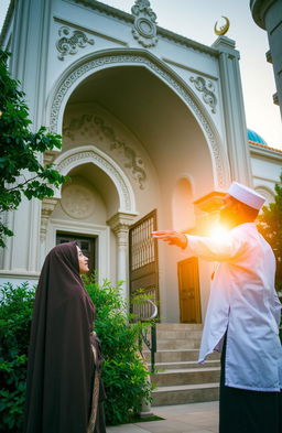 A contemplative scene featuring a woman in traditional attire standing outside a beautiful mosque, adorned with intricate architectural details