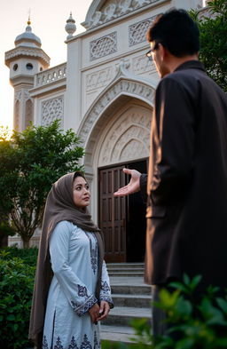 A contemplative scene featuring a woman in traditional attire standing outside a beautiful mosque, adorned with intricate architectural details