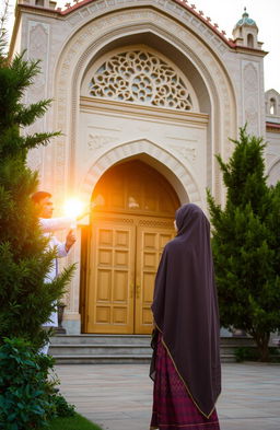 A contemplative scene featuring a woman in traditional attire standing outside a beautiful mosque, adorned with intricate architectural details