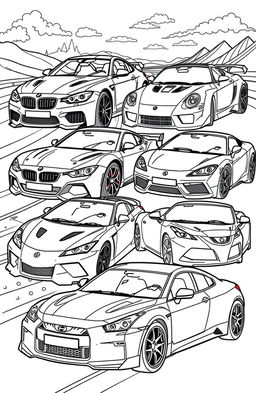 A vibrant and detailed coloring book page featuring a collage of iconic cars from various brands, including a BMW sports car, a sleek Mercedes, a bold Ferrari, a luxurious Lamborghini, a reliable Toyota, an American muscle Chevrolet, a stylish Honda, and a modern Nissan