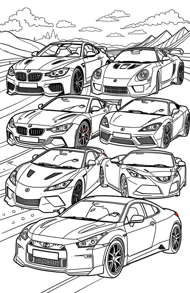 A vibrant and detailed coloring book page featuring a collage of iconic cars from various brands, including a BMW sports car, a sleek Mercedes, a bold Ferrari, a luxurious Lamborghini, a reliable Toyota, an American muscle Chevrolet, a stylish Honda, and a modern Nissan