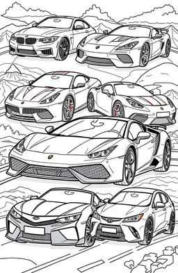 A vibrant and detailed coloring book page featuring a collage of iconic cars from various brands, including a BMW sports car, a sleek Mercedes, a bold Ferrari, a luxurious Lamborghini, a reliable Toyota, an American muscle Chevrolet, a stylish Honda, and a modern Nissan