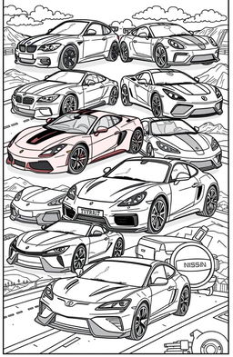 A vibrant and detailed coloring book page featuring a collage of iconic cars from various brands, including a BMW sports car, a sleek Mercedes, a bold Ferrari, a luxurious Lamborghini, a reliable Toyota, an American muscle Chevrolet, a stylish Honda, and a modern Nissan