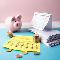 A vivid image showcasing strategies for saving money over the course of a month, including stacks of coins, a piggy bank, and a calendar with marked dates