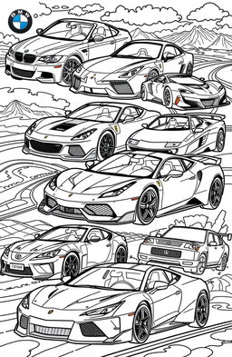 A vibrant and detailed coloring book page featuring a collage of iconic cars from various brands, including a BMW sports car, a sleek Mercedes, a bold Ferrari, a luxurious Lamborghini, a reliable Toyota, an American muscle Chevrolet, a stylish Honda, and a modern Nissan