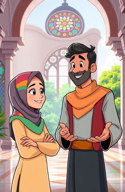 A vibrant cartoon scene depicting a confident woman wearing a colorful hijab, engaged in a thoughtful conversation with a friendly and knowledgeable man who is gestures enthusiastically, guiding her through a serene mosque setting