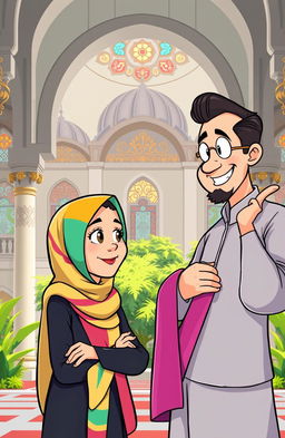 A vibrant cartoon scene depicting a confident woman wearing a colorful hijab, engaged in a thoughtful conversation with a friendly and knowledgeable man who is gestures enthusiastically, guiding her through a serene mosque setting