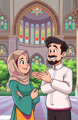 A vibrant cartoon scene depicting a confident woman wearing a colorful hijab, engaged in a thoughtful conversation with a friendly and knowledgeable man who is gestures enthusiastically, guiding her through a serene mosque setting