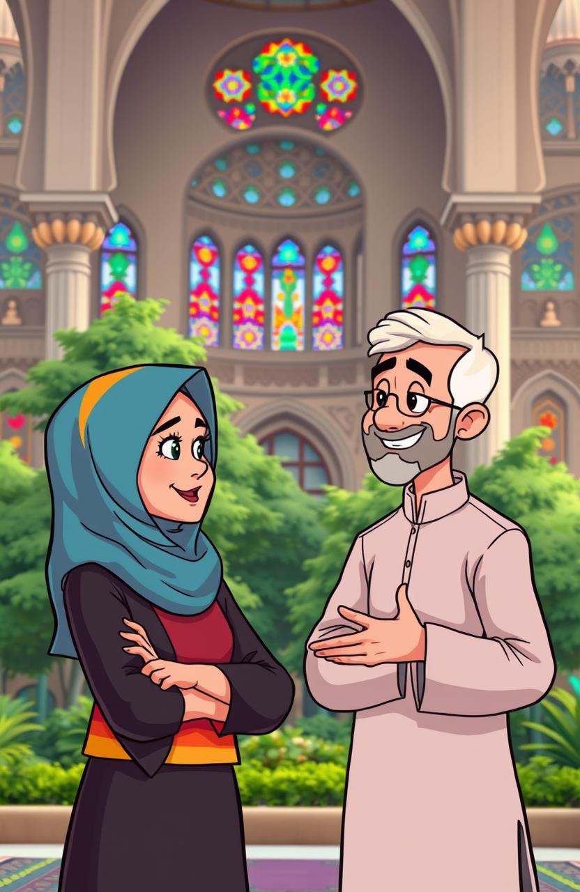 A vibrant cartoon scene depicting a confident woman wearing a colorful hijab, engaged in a thoughtful conversation with a friendly and knowledgeable man who is gestures enthusiastically, guiding her through a serene mosque setting