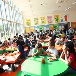 A vibrant school cafeteria scene filled with students