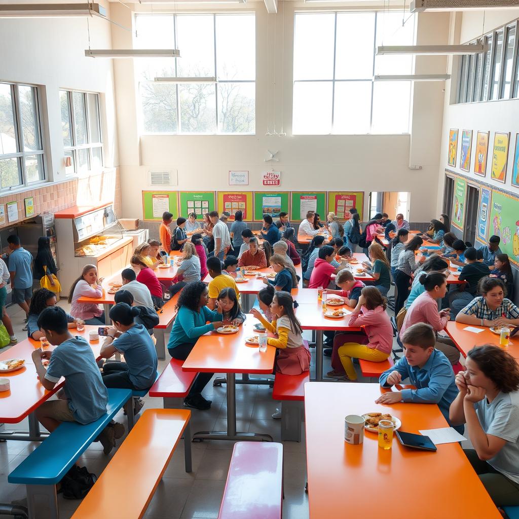 A vibrant school cafeteria scene filled with students