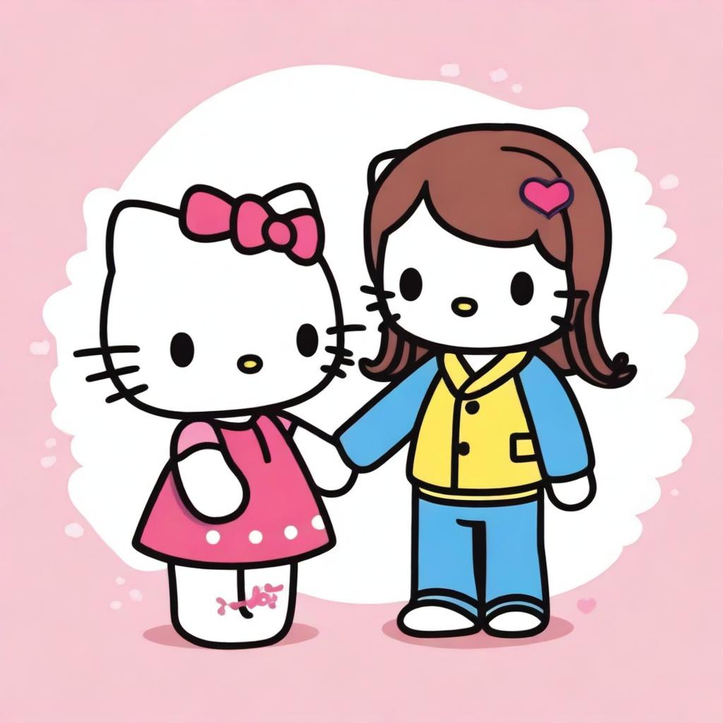 A cute and colourful image of Hello Kitty with her boyfriend Dear Daniel, both smiling, holding hands and looking at each other lovingly