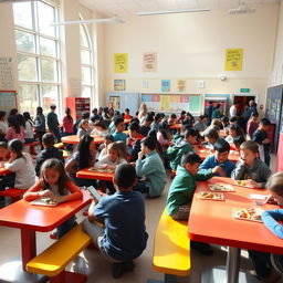 A vibrant school cafeteria scene filled with students